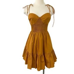 STAUD Landry Smocked Bustier Mini Dress in Honey Golden Yellow XL